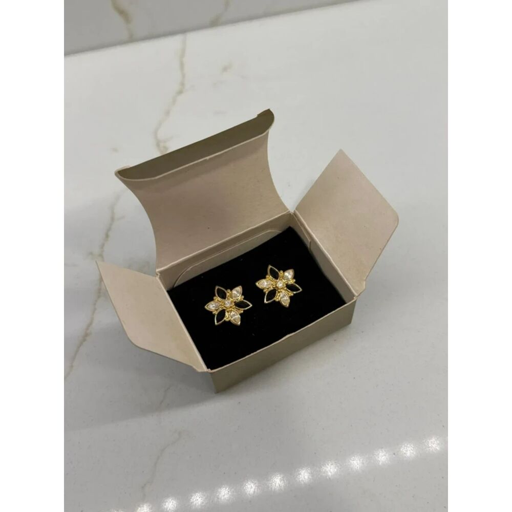 Vintage Avon Black Rhinestone Gold Tone Flower Rhinestone Pierced Earrings